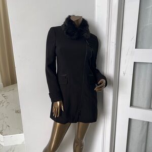 Brand New Chic Black Trench Coat with Faux Fur Collar